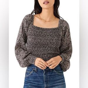 Faherty Beatrice Smocked Black Brown Leaf Printed Puff Long Sleeve Blouse